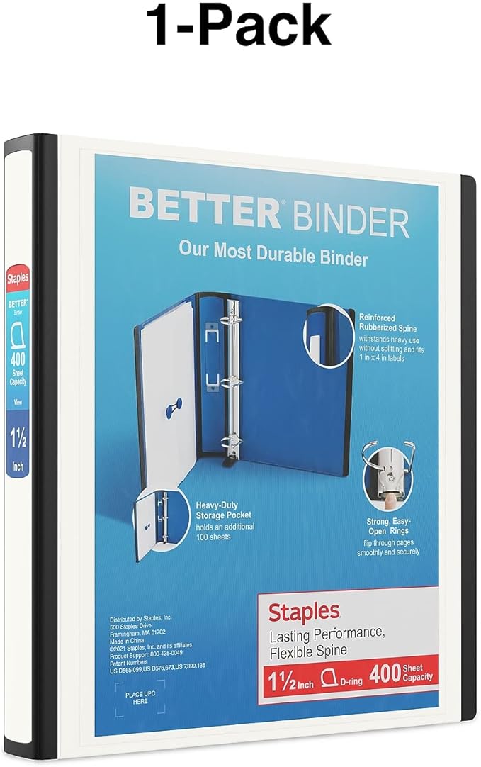 1-1/2 Inch Staples Better View Binders with D-Rings (White)