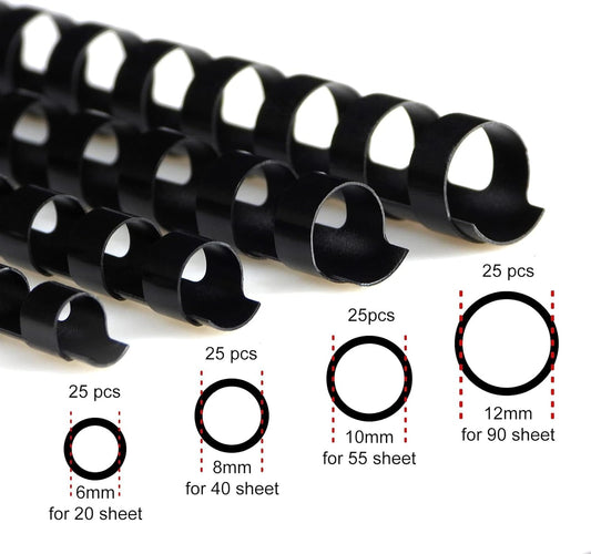 CR21-681012BK Binding Combs Plastic 21 Ring 25-90 Sheet Capacity, Max Binding A4 Size Paper, 1/4in, 5/16in, 3/8in, 1/2in, Black Multi-Size Pack of 100