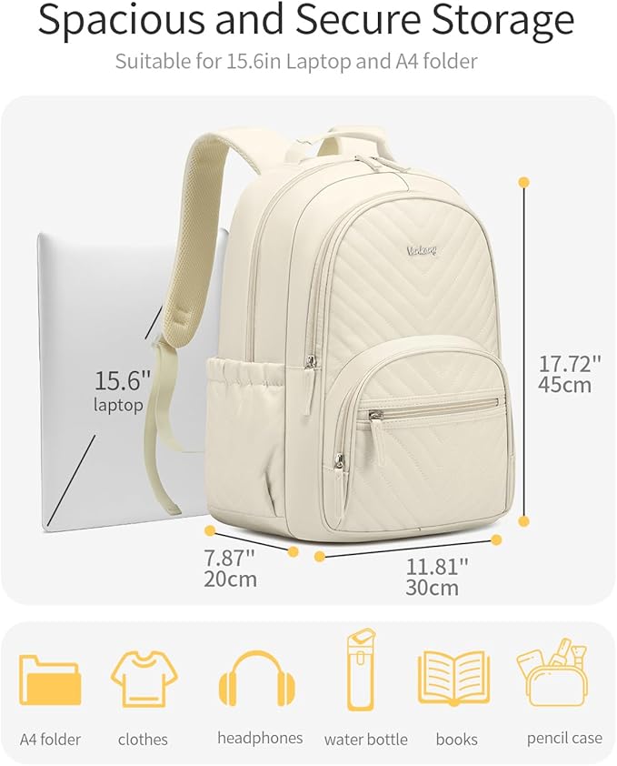 College Bookbag for Women Student, 15.6in Laptop Backpack Middle High School Bag for Teen Girls Teacher Work Commuter Travel, Beige