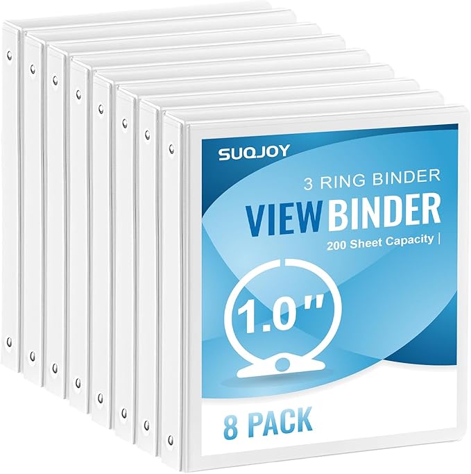 1-inch 3-Ring Binder, 1 Inch Round Ring Binder with 2 Inside Pockets, 8 Pack White Binders, Clear View Cover, Holds 8.5'' x 11''Paper for Office/Home/Back to School