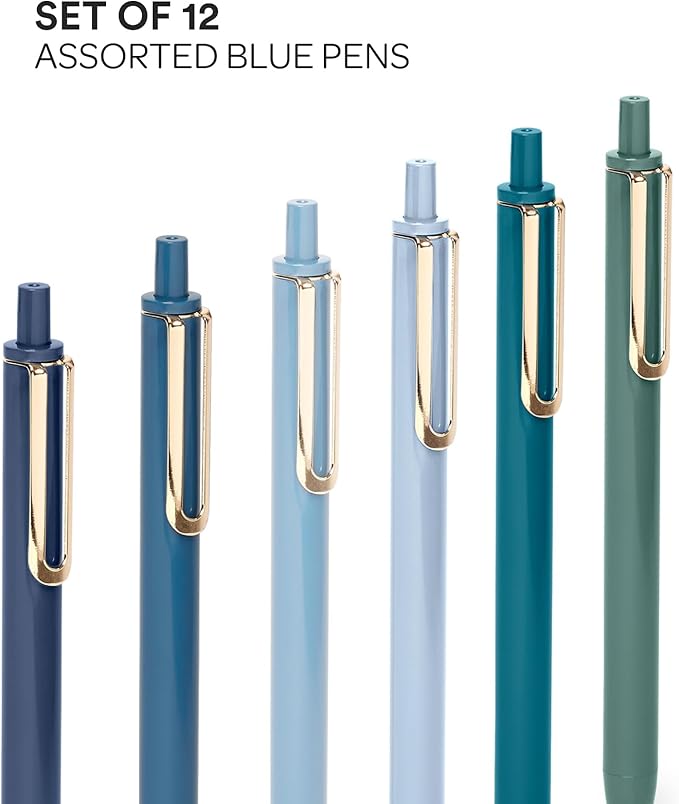 Poppin Stylish Retractable Gel Pens - Fine Point, 0.7mm Tip Pens for Journaling, 12 Pack of Assorted Blues with Blue Ink