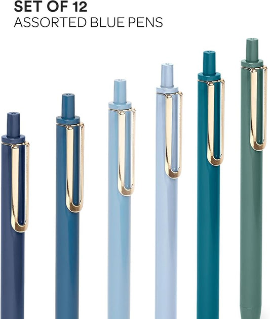 Poppin Stylish Retractable Gel Pens - Fine Point, 0.7mm Tip Pens for Journaling, 12 Pack of Assorted Blues with Blue Ink