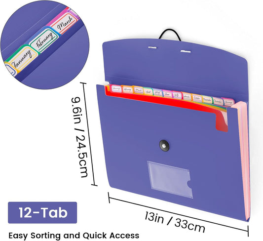 13 Pocket Accordion File Organizer with Elastic Closure, Expanding File Folder for Letter Size A4 Papers, Ideal for Home, Office Supplies, College Essentials - BluePurple