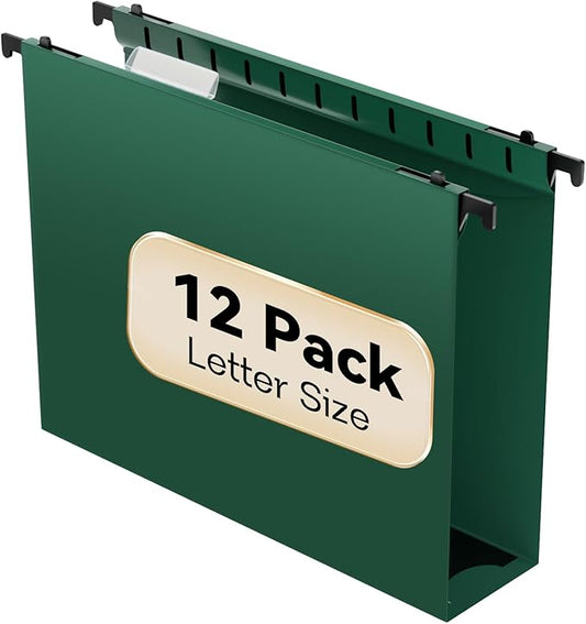 Plastic Hanging File Folder Extra Capacity,12 Pack Reinforced Hang Folders with Heavy Duty 2 Inch Expansion,Filing Cabinet Folders Letter Size,Hanging Organizer Designed for Bulky Files(Green)