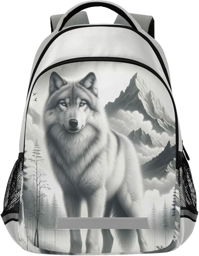 Wolf Backpack for Students Boys Girls Gray Wolf Portrait School Bag Travel Daypack Rucksack
