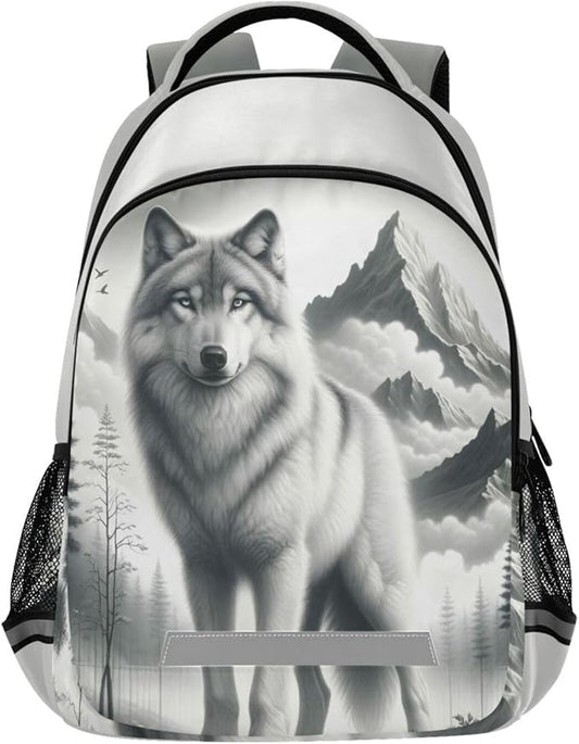 Wolf Backpack for Students Boys Girls Gray Wolf Portrait School Bag Travel Daypack Rucksack
