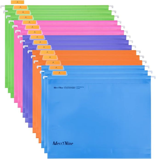 Merrynine Hanging File Folders Letter Size 15pcs, Polypropylene Filing Cabinet Folders Organizer with 1/5-Cut Tabs and Inserts, File Organizers for Office School Home Hospital, Assorted Colors