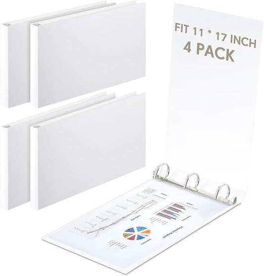 4 Pcs 11 x 17 Inch 3 Ring Binders 3 Inch Rings Heavy Duty View Plastic Flexible D Ring Binders Economy Holds 11" x 17" Paper for Artwork Blueprints, Office, Home, Work Places(White)