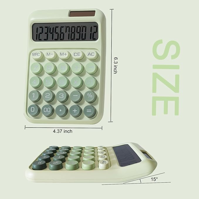 Desk Calculator, Merchanical Calculator Big Buttons,12 Digits Large LCD Display Calculator, Solar and Battery Dual Power, Battery Include, Cute Calculator for School,Office,Home,Business (Green)