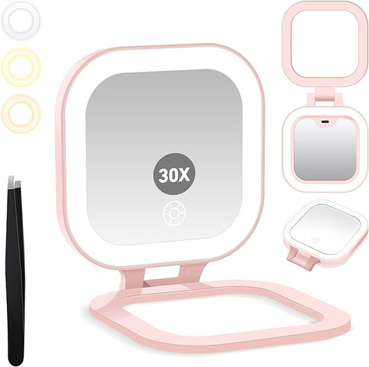 Travel Mirror with Light, 1x/30x Magnifying Mirror with 3 Color Lights and Adjustable Brightness, 4.5x3.9 inch Small Compact Hangable Hand Pocket 3 Way Mirror, Comes with Tweezer