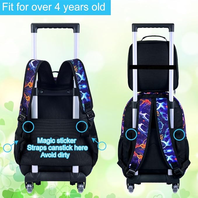 3Pcs Panda Rolling Backpack for Boys, Kids School Backpacks with Wheels, Roller Bookbag with Lunch Box for Elementary Preschool(Black)