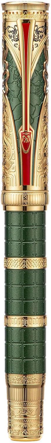 Hongdian D5X Fountain Pen - Green Qin Dynasty Retro Chinese Totem Engraving, Extra Fine Nib, Smooth Writing with Converter and Pen Box Set