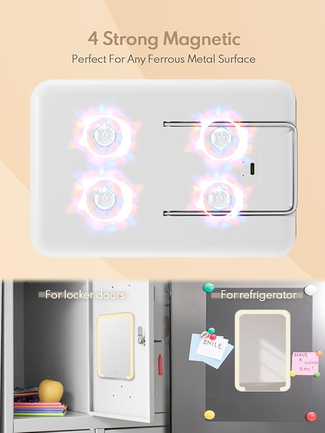 Qislee Magnetic Locker Mirror, 8 x 5 inches Travel Makeup Mirror with Light and Foldable Stand, 3 Color Modes Touch Dimming, Perfect Travel Accessory, White
