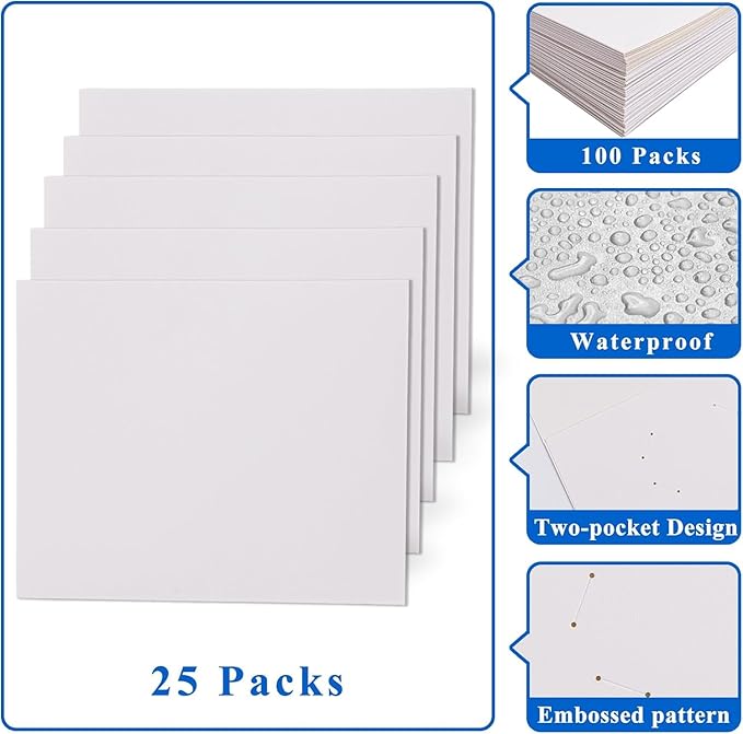 Zzrywuty 100 Packs Two Pocket File Folders with Business Card Slot,Textured Paper,Letter Size,Holds 100 Sheets for School,Office,Business,White