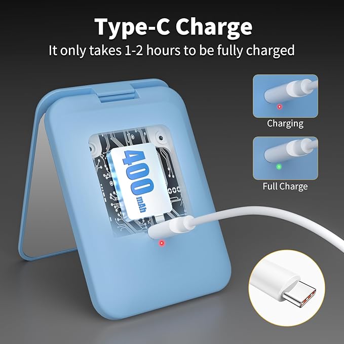 Kintion 2025 Pocket Mirror, Rechargeable Dimmable 3 Color Lighting 1X/3X LED Compact Travel Makeup Mirror for Purse, Portable, Folding, Handheld, Small Lighted Mirror for Women Gift, Blue