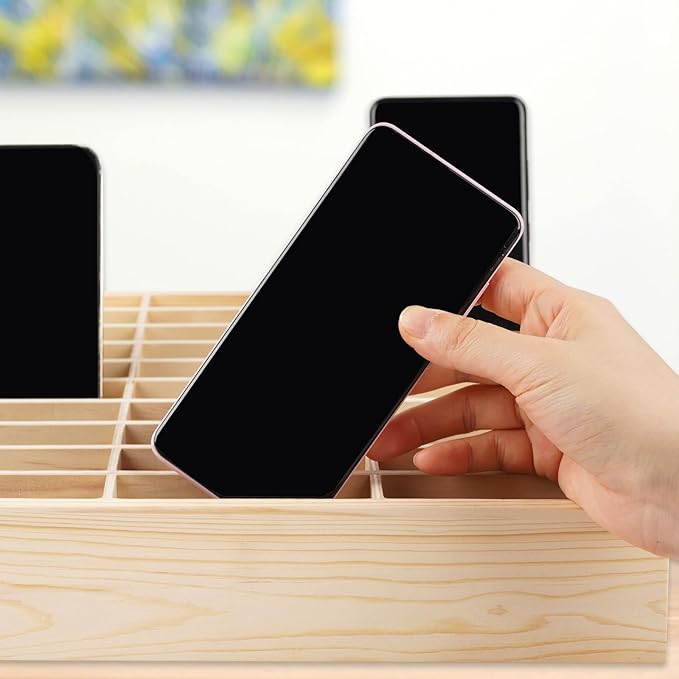 30-Grid Wooden Cell Phone Holder Desktop Organizer Storage Box for Classroom Office (30-Grid)