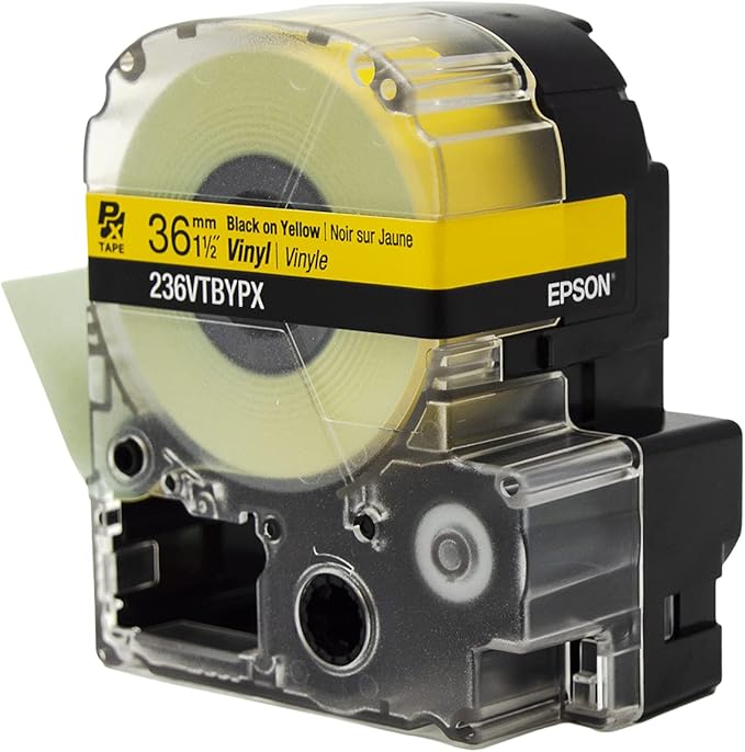 Epson LABELWORKS 236VTBYPX Genuine Tape Cartridge - Black on Yellow Flexible and Durable Vinyl Industrial Label Maker Tape - 1.5" (36MM) Wide, 22.9 ft