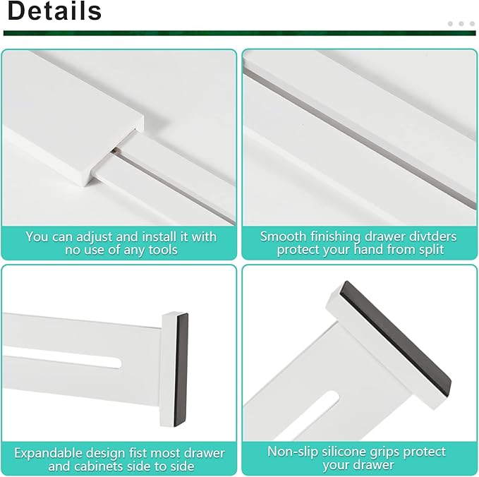 FJO 4 Pack Adjustable Bamboo Drawer Dividers - 12.5" - 21.7" Expandable Drawer Separators for Kitchen, Utensils, Clothes, Bedroom, Dresser, Bathroom (White)