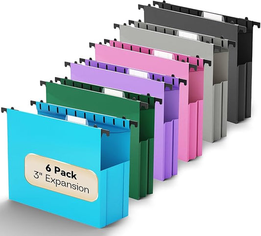 Plastic Expandable Hanging File Folder Letter Size,Heavy Duty 3 Inch Expansion,6 Pack Extra Capacity Hanging Folders,Accordian Pocket,Adjustable Tabs,Hanging Organizer for Bulky Files-Colored