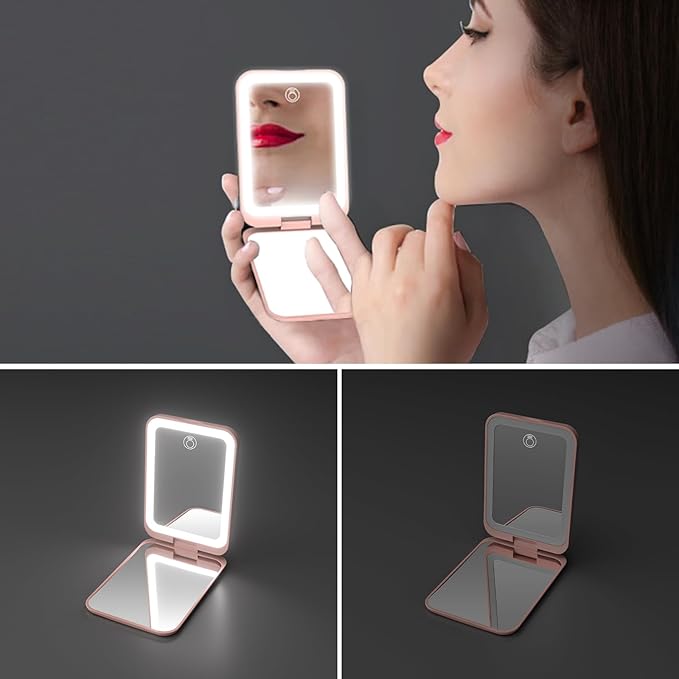 Kintion 2025 Pocket Mirror, Rechargeable Dimmable 3 Color Lighting 1X/3X LED Compact Travel Makeup Mirror for Purse, Portable, Folding, Handheld, Small Lighted Mirror for Women Gift, Pink
