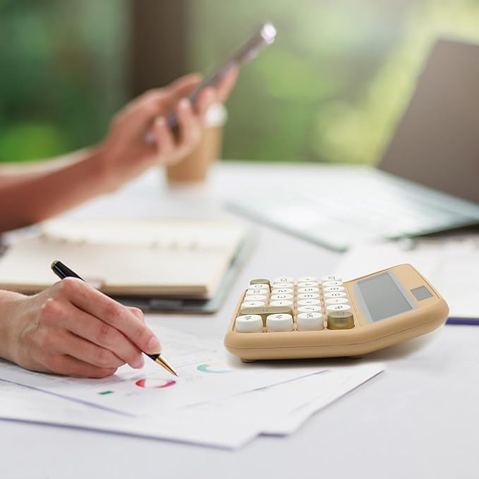 Beige Standard 12 Digit Calculator with Large LCD Display and Big Buttons - Cute Office, School, Home, Business Accessory