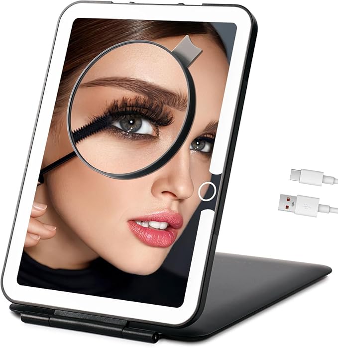 Rechargeable Travel Makeup Mirror with Lights, Portable Lighted Vanity 10X Magnification, 70 LEDs 3 Color Dimmable Touch Screen, Tabletop Folding Compact Cosmetic (Black)