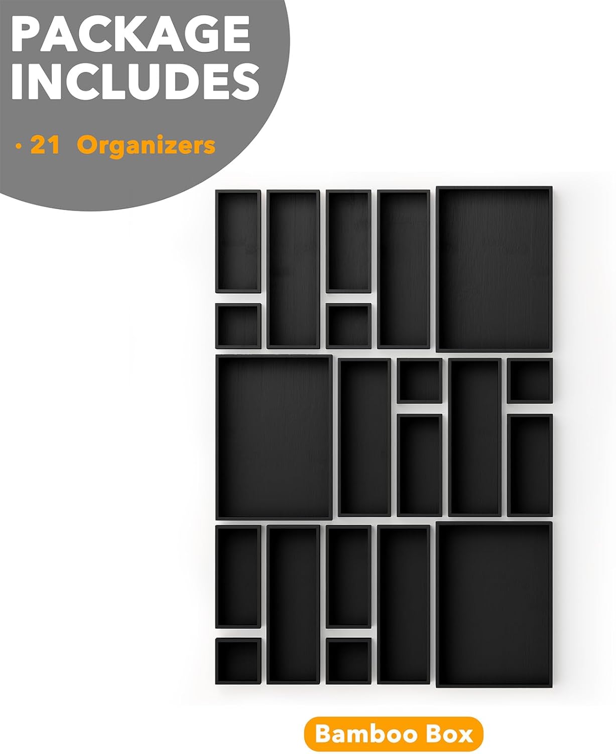 SpaceAid 21-Piece Bamboo Drawer Organizer Storage Boxes Set, Wood Tray Junk Drawer Organizers Multi-Use Divider Bins for Kitchen, Bathroom, Office Desk and Makeup Organization (21 Pack, Black)