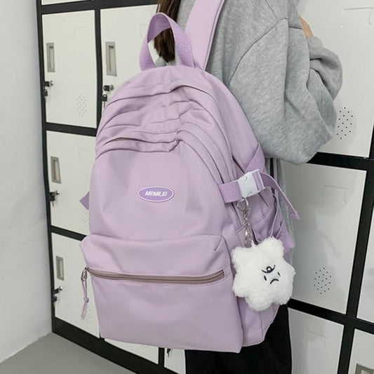 Kawaii Backpack with Cute Accessories Casual Aesthetic Daypack Simple Laptop Bag Waterproof Travel Rucksack for Women (purple)