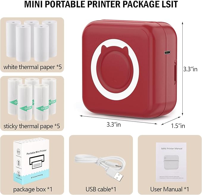 Mini Photo Printer - Portable Pocket Sticker Printers for iPhone Thermal Printer with 10 Rolls Thermal Paper for Photo, Memo, Journal - Dark Red