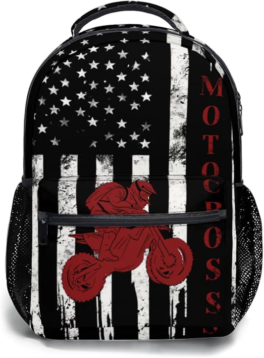Dirt Bike Backpack for Boys American Flag Motocross School Bookbag Vintage Black White and Red Racing Motorcycle College Shoulders Back Pack for Travel Hiking Camping