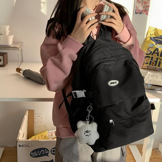 Kawaii Backpack with Cute Accessories Casual Aesthetic Daypack Simple Laptop Bag Waterproof Travel Rucksack for Women (black)