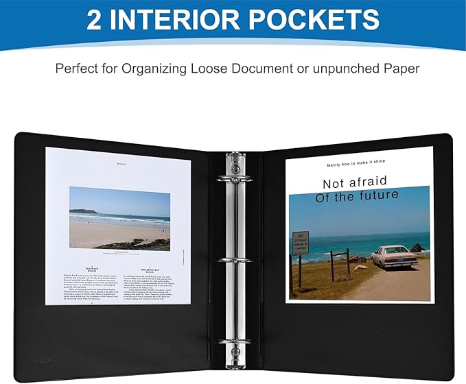 2 Inch 3-Ring Binder, 2" Round Ring Binder with 2 Inside Pockets, 6 Pack Black Binders, Clear View Cover, Holds Up to 450 Sheets 8.5" x 11" Paper，Study Binders for Office/Home/Back to School
