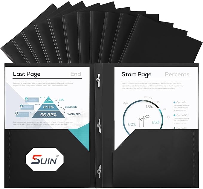 SUIN Plastic Project-Folders with 2 Pockets & 3 Prong, Bulk Pack Project File-Folder for US Letter Size Papers, Ideal for School & Office, Assorted Pastel Colors (Black)