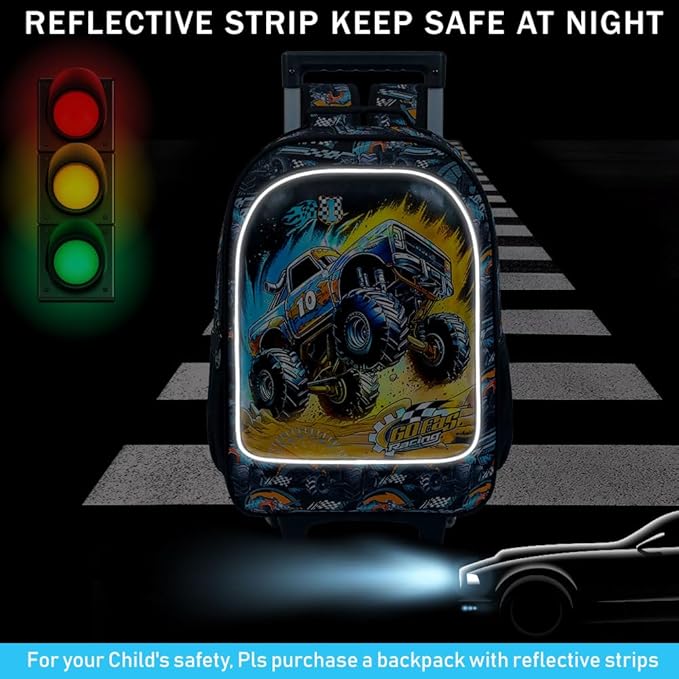 3Pcs Truck Rolling Backpack for Boys, Kids School Backpacks with Wheels, Roller Bookbag with Lunch Box for Elementary Preschool(Black)