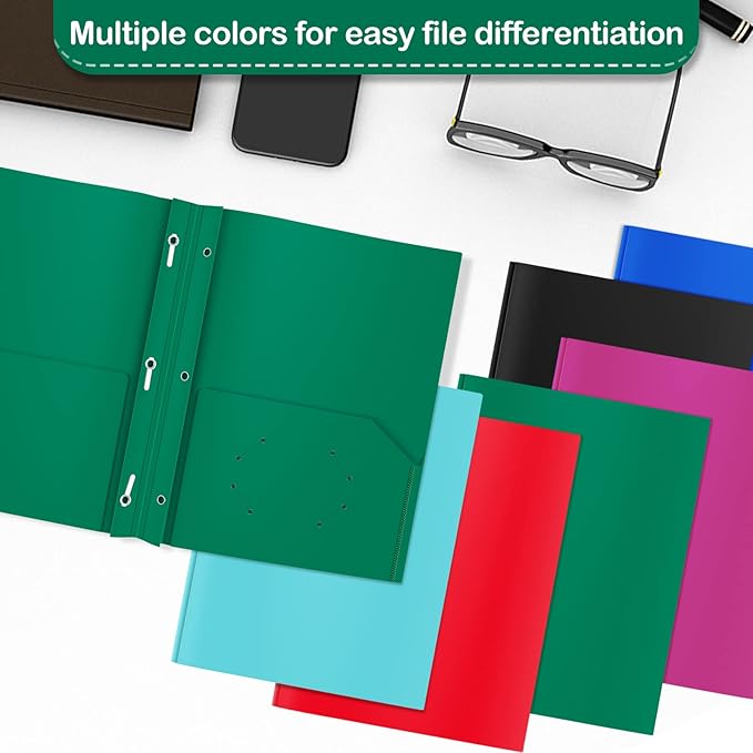 ViVin Sturdy 12-Pack Plastic Folders, Folder with Pockets and Prongs, 2 Pocket Poly File, Plastic Folders with 3-Prong Fasteners, fits 8.5 * 11 Letter Size Paper, for School/Home/Office Use (Green)
