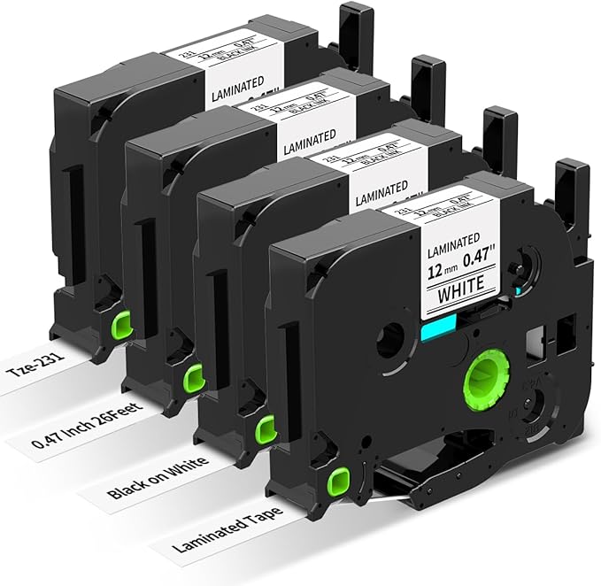 4-Pack Compatible for Brother Label Maker Tape TZe-231 TZ-231 for P Touch Label Tape 12mm 0.47 White TZ, Work for Ptouch PT-D210 PT-H110 PT-D600 PT-D220 PT-D410 1280 1290,Black on White Tape 8m 26.2ft