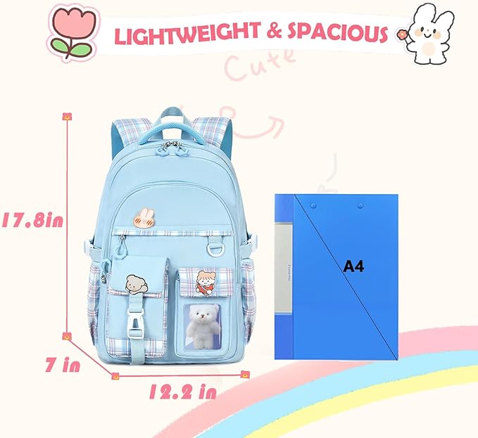 Girls Backpack，Cute School Backpack for Girls Kids Teens，Kawaii Bookbag for Primary Elementary， Blue