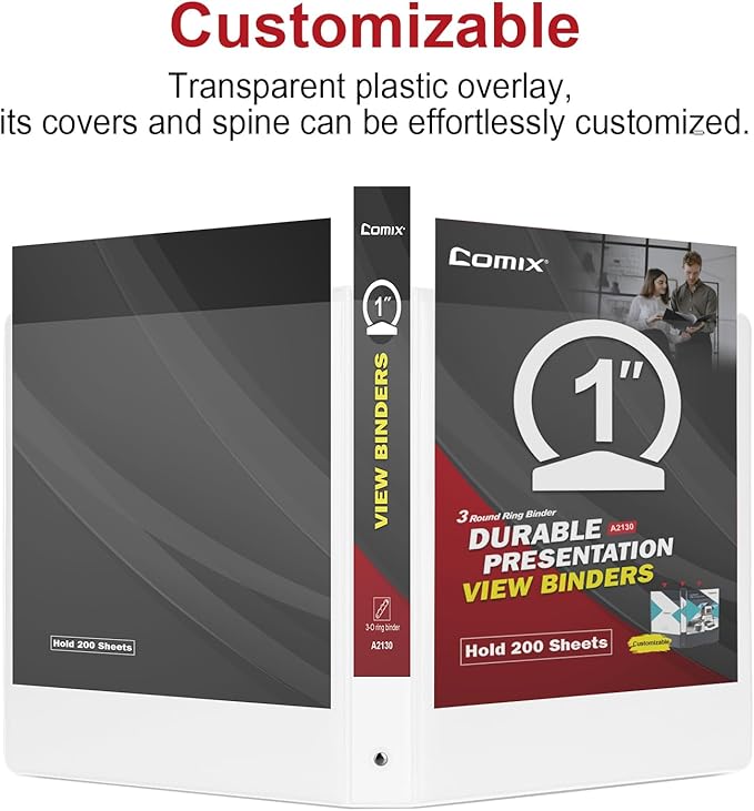 COMIX Sturdy 3 Ring Binder 1 inch with Clear View Cover, 1" Round Ring View Binder, PVC-Free, 200 Sheets Capacity of US Letter Size Paper, Office ＆ School Supplies, Pack of 12 (White)