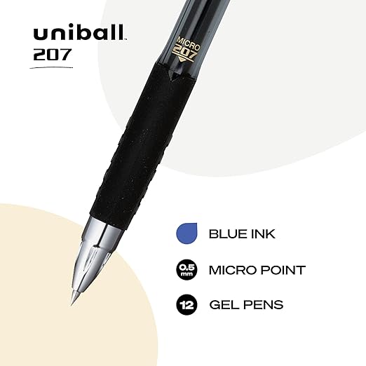 uni-ball 61256 207 Retractable Gel Pens, Micro Point (0.5mm), Blue, 12 Count