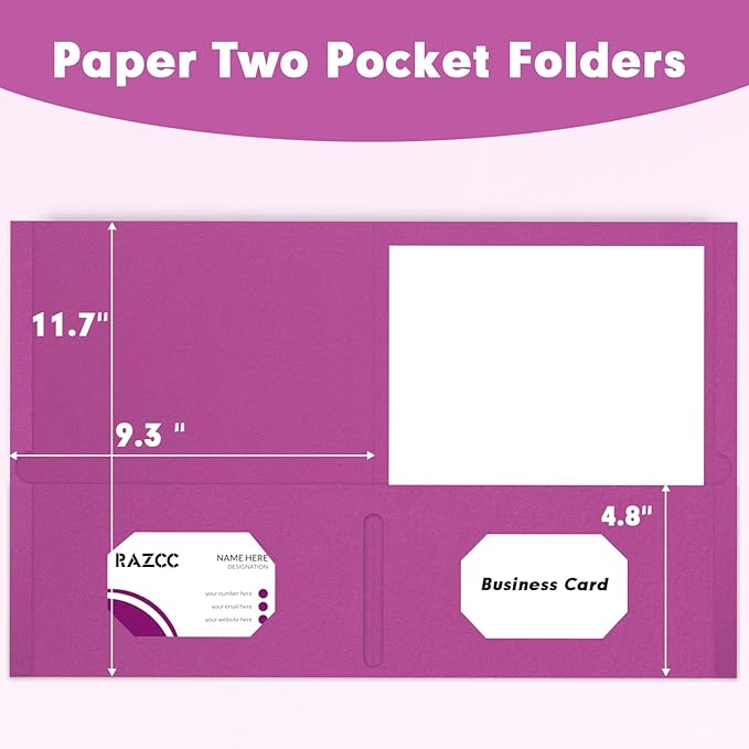 Two Pocket Folders, RAZCC 50 Pack 2 Pocket Folders Fit Letter Size Paper, Paper Folders with Pockets for School Office Business Home, Rose Purple