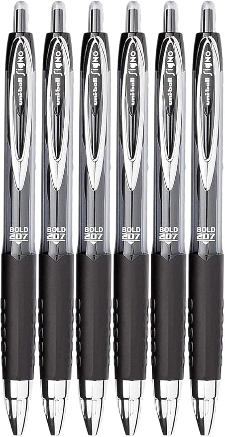 Signo 207 Roller Ball Retractable Gel Pens, Bold Point (1.0mm), Black Ink, 6 Count, Bundle with Plastic Reusable Pouch