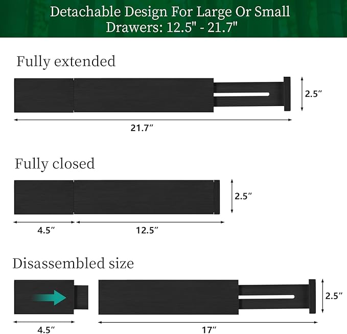 FJO 4 Pack Adjustable Bamboo Drawer Dividers - 12.5" - 21.7" Expandable Drawer Separators for Kitchen, Utensils, Clothes, Bedroom, Dresser, Bathroom (Black)