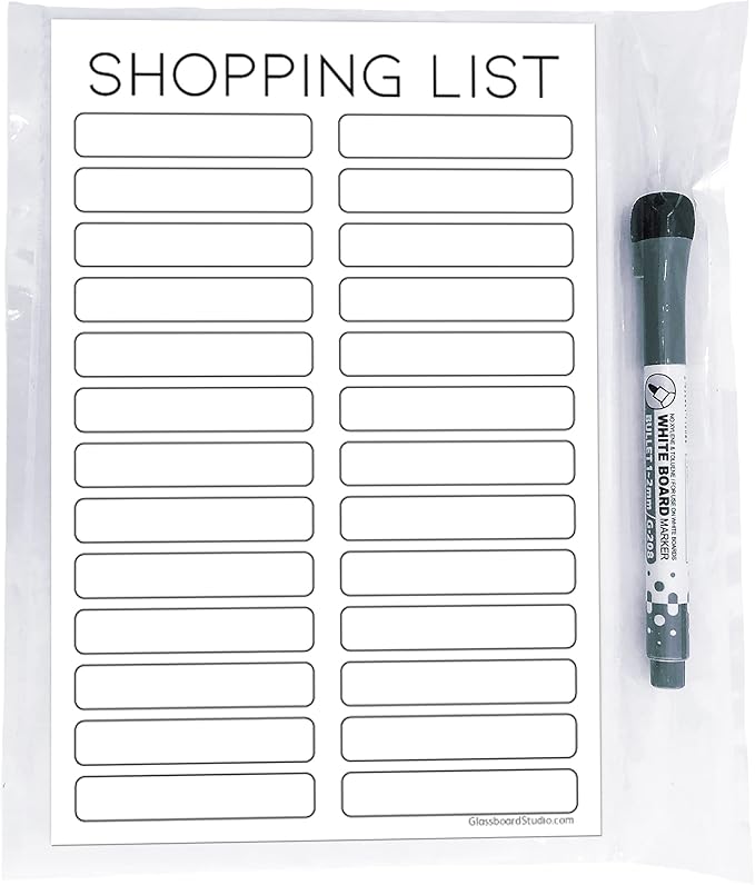 Dry Erase Shopping List Vinyl Sticker Decal Whiteboard by Glassboard Studio | Removable & Reusable | Magnetic Fine-Tip Marker Included (6 x 9 inches, White)