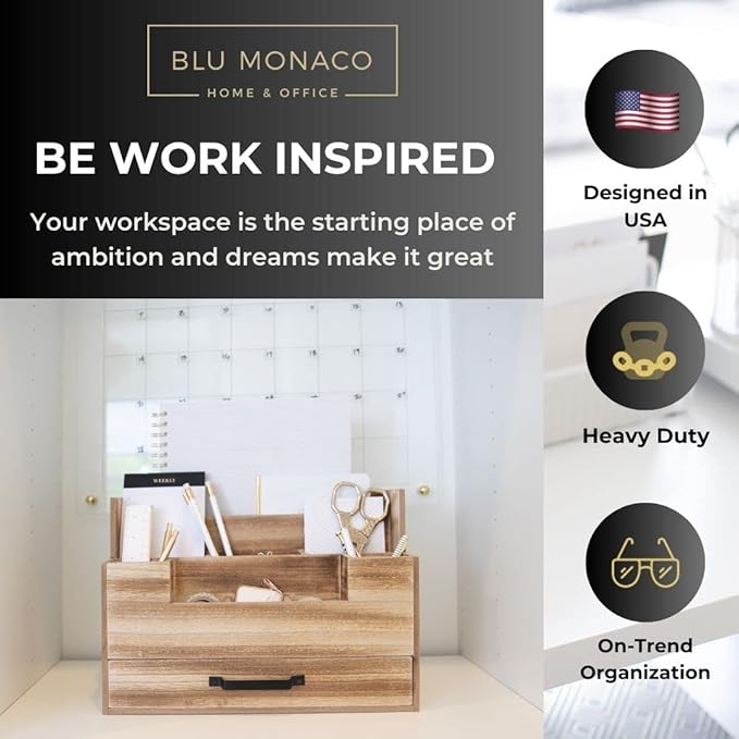 BLU MONACO Natural Wood Mail Organizer with Drawer, 5 Compartments, Desk Organizer for Women Office Desk Organization, 12.9x5.7x9 inches, 4.1 pounds