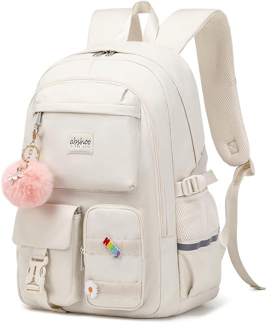 abshoo Big Student Laptop Backpack For College Women Middle High School Teen Girls Bookbag Travel Daypack (Beige)