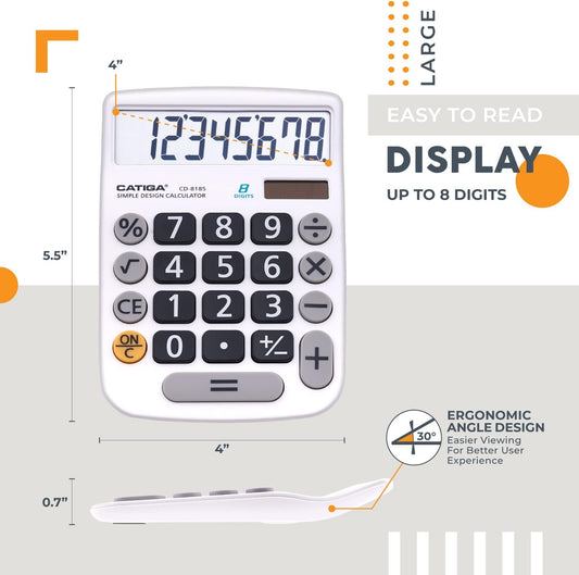 CATIGA Desktop Calculator 8 Digit with Solar Power and Easy to Read LCD Display, Big Buttons, for Home, Office, School, Class and Business, 4 Function Small Basic Calculators for Desk, CD-8185