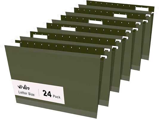 ViVin Hanging File Folders, 1/5-Cut Adjustable Tabs with 24 Per Box, 1 Inch Expansion, 24 Pack Letter Size Hanging File Folders, Designed for Office Home School Filing Cabinet(Green)