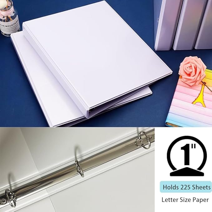 1 Inch Binders 3 Ring, with 2 Interior Pockets,Holds 200 Sheets Letter Size Paper,Resistant,PVC Free,White Three Round Ring Binders for Office, Home, and School Use，White Color,6 Pack