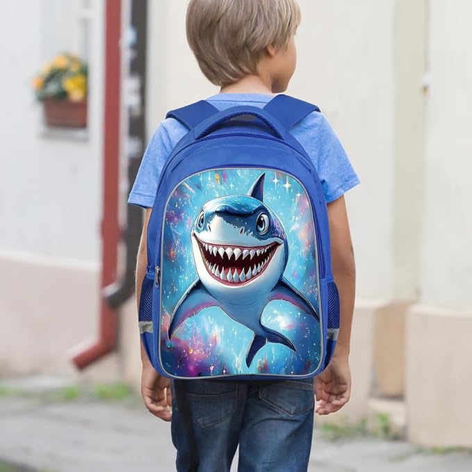 Kids Backpack, 3D Reflective Cartoon, 600D Polyester & Dual Zippers, 17" Bookbag with Ergonomic Design for boys & girls age 6-18, Shark Space Style for school Children Kids