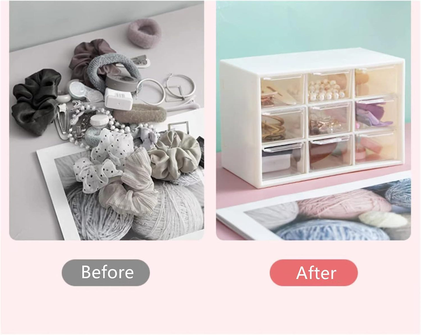 Feadily 2PCS Small Drawer Organizer for Desk, Desktop Drawer Organizer with 9 Clear Drawers, Plastic Desktop Storage Drawers 7.1 Inch x 3 .9 Inch x 4.7 Inch, White